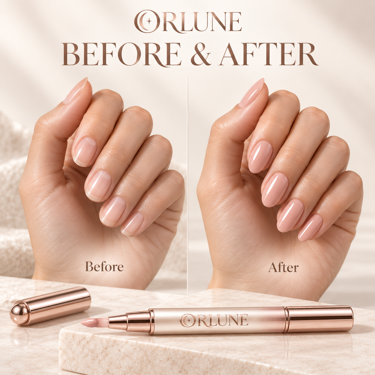 Ongles avant l’application et après une couche de gel ORLUNE catalysée
