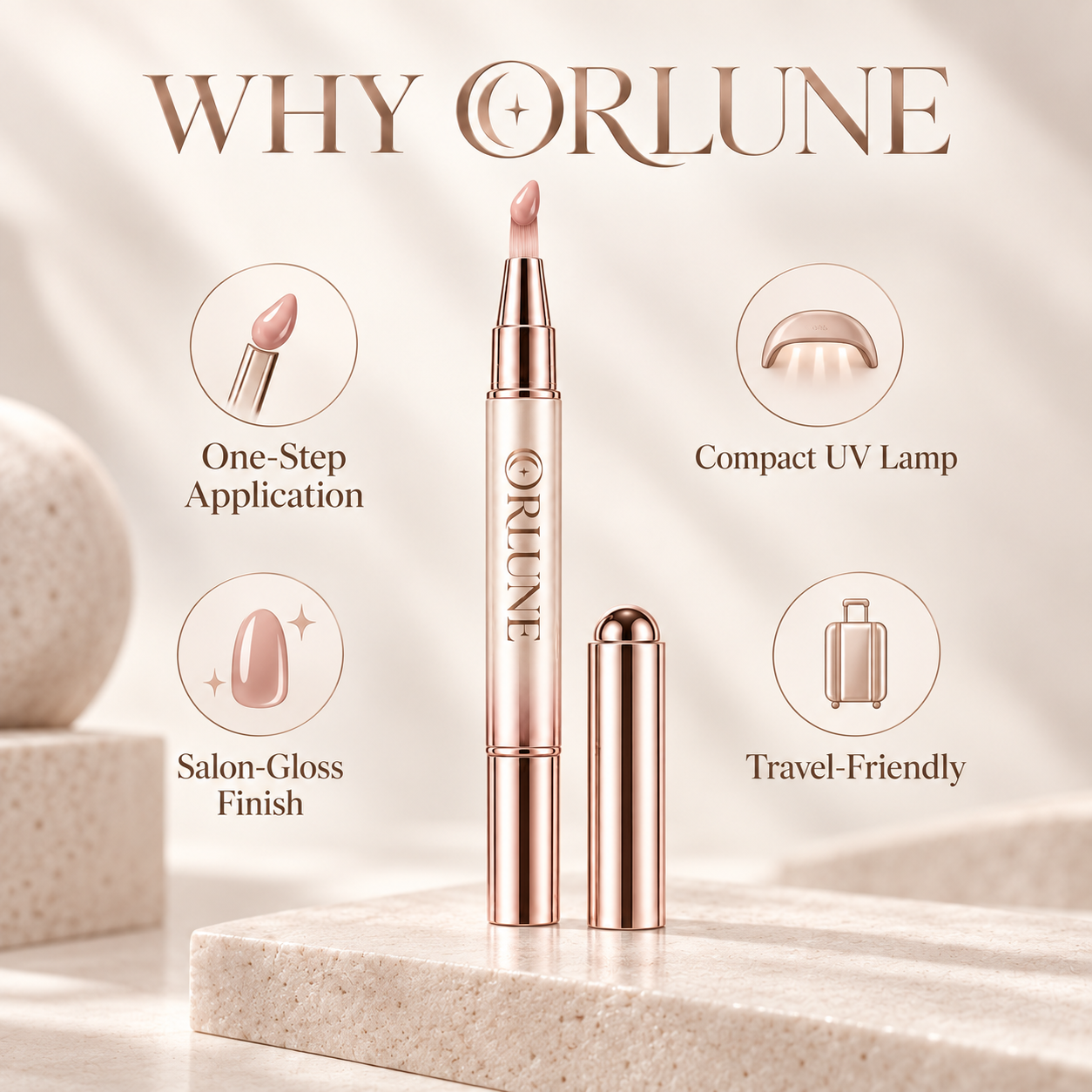 Pourquoi ORLUNE: one-step application, salon-gloss finish, compact UV lamp, travel friendly