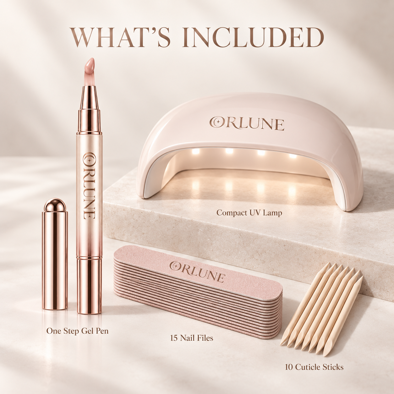 Contenu : stylo gel, lampe UV compacte, 15 limes à ongles et 10 bâtonnets à cuticules